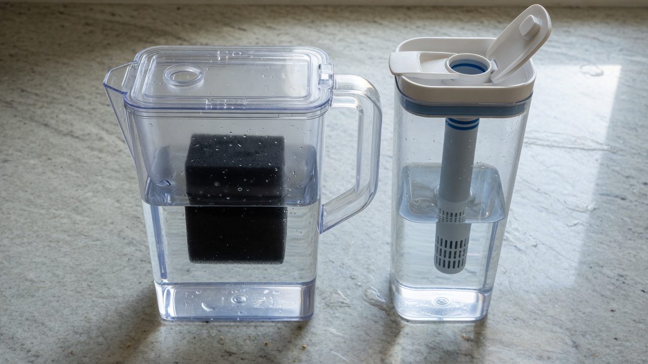 Two premium water filter pitchers side by side on a kitchen counter