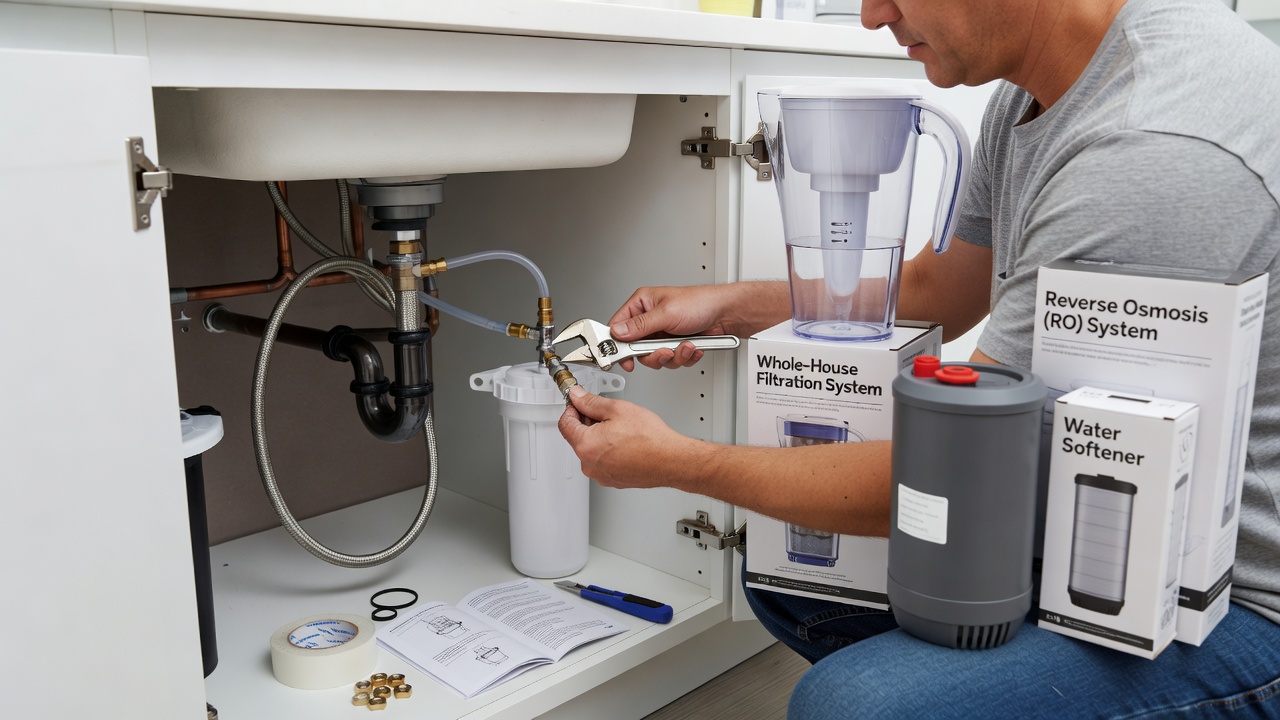 Under-sink water filter installation tools and components