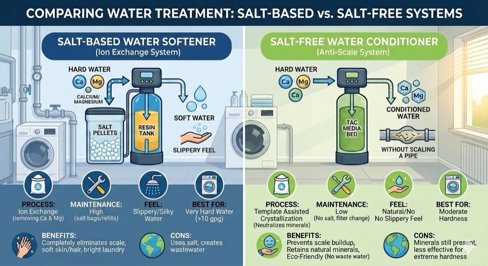 Salt-based vs salt-free water softener comparison infographic